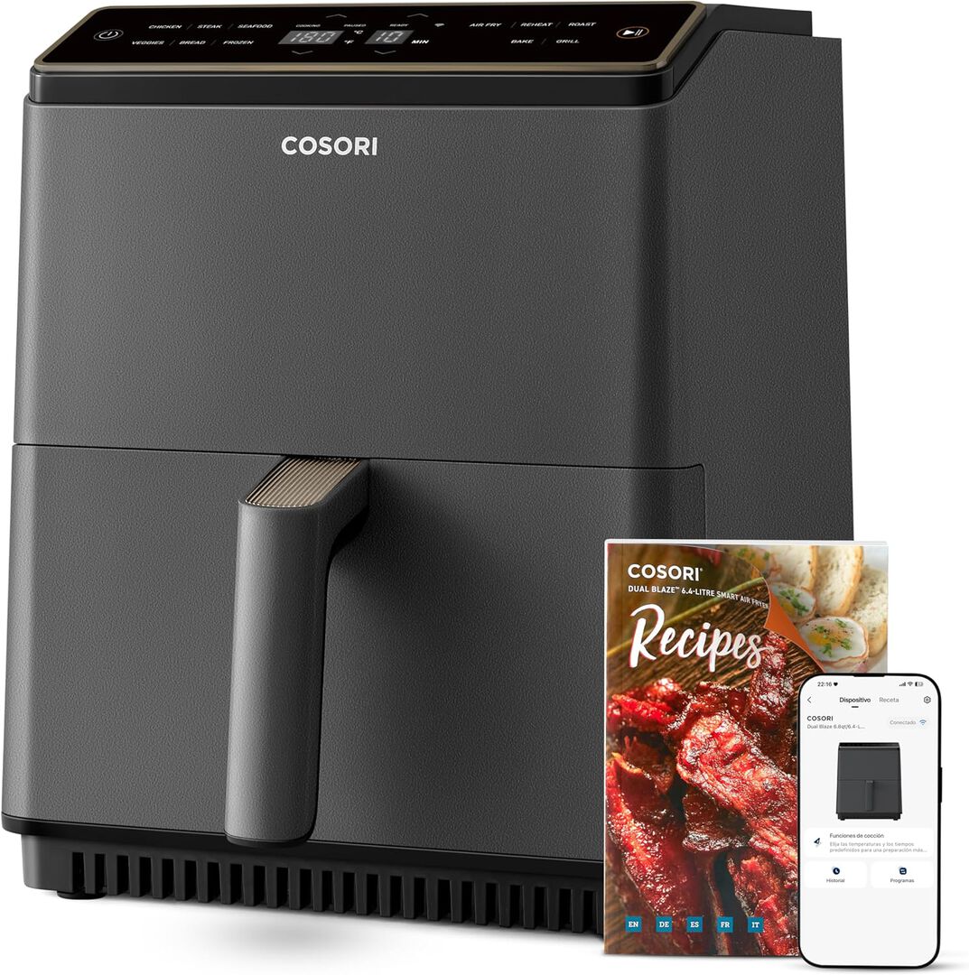Freidora de aire con doble resistencia de 6.4L que reduce los tiempos de cocci&oacute;n y garantiza la cocci&oacute;n uniforme de tus platos sin necesidad de remover las cestas o precalentar la freidora de aire