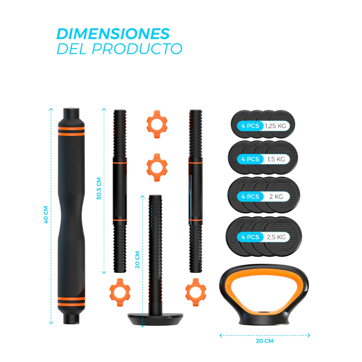 <p>El kit incluye varios discos de distintos pesos, juntamente con barras y soportes para pesas rusas, permitiendo personalizar todo tu equipo. Se pueden montar mancuernas, pesas rusas, barras con pesas y agarres para hacer flexiones.</p>