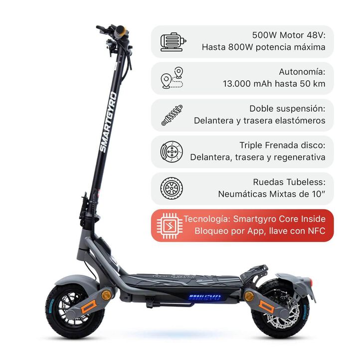 Patinete eléctrico certificado con una potencia máxima de 800W 48V, batería de litio de 13.000 mAh con hasta 50 km de autonomía, ruedas de 10" Tubeless, Smart Core, NFC