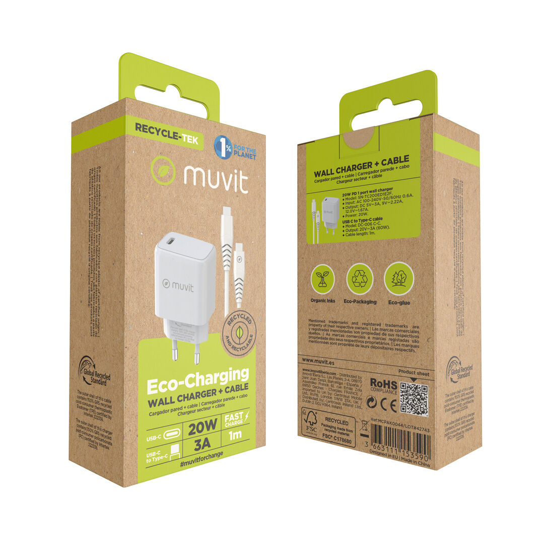 &iexcl;Carga y transfiere datos entre tus dispositivos y contribuye a cuidar el planeta! 

Pack muvit for Change que incluye un cargador de pared con clavija europea de un elegante dise&ntilde;o patentado. Est&aacute; fabricado con material reciclado y pensado en 2 piezas para facilitar su reciclaje al final de su vida &uacute;til. Dispone de 1 puerto tipo C PD de 20W de potencia m&aacute;s un cable para carga y transferencia de datos con conector Tipo C a Tipo C 3A, 1m de longitud, en color negro y 100% reciclable. 

En muvit for change nos comprometemos a donar el 1% de los ingresos para el planeta*.