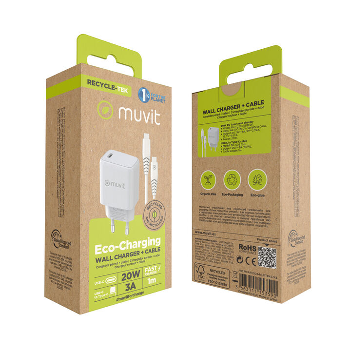 &iexcl;Carga y transfiere datos entre tus dispositivos y contribuye a cuidar el planeta! 

Pack muvit for Change que incluye un cargador de pared con clavija europea de un elegante dise&ntilde;o patentado. Est&aacute; fabricado con material reciclado y pensado en 2 piezas para facilitar su reciclaje al final de su vida &uacute;til. Dispone de 1 puerto tipo C PD de 20W de potencia m&aacute;s un cable para carga y transferencia de datos con conector Tipo C a Tipo C 3A, 1m de longitud, en color negro y 100% reciclable. 

En muvit for change nos comprometemos a donar el 1% de los ingresos para el planeta*.
