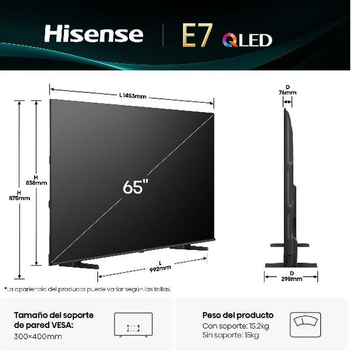 QLED TV 65E7Q Smart TV 65 pulgadas con Dolby Vision & Atmos. Serie E7Q
Quantum Dot Colour, Modo Juego PLUS, 60Hz VRR 120 fps, Bluetooth & HDMI, Alexa Built in & VIDAA Voice