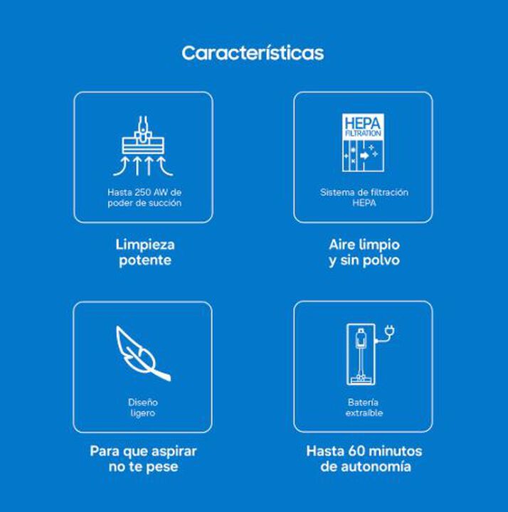 Aspirador escoba inal&aacute;mbrico Samsung Jet 85S Complete con potencia de succi&oacute;n de hasta 250 AW, autonom&iacute;a de hasta 60 minutos, bater&iacute;a extra&iacute;ble, filtraci&oacute;n HEPA y m&uacute;ltiples accesorios para suelos, rincones, tapicer&iacute;as y pelo de mascotas.