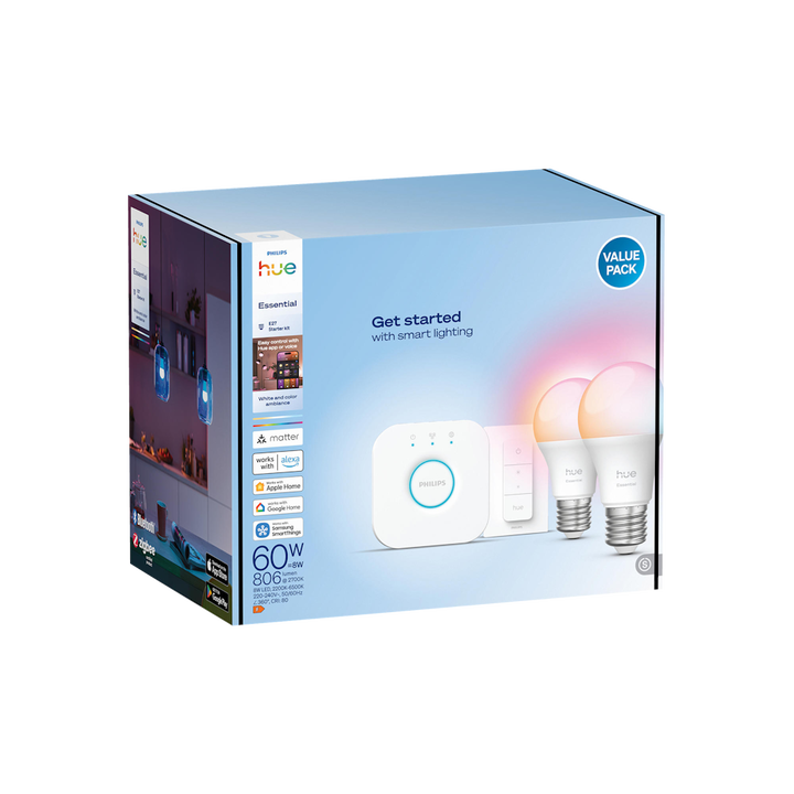 Starter Kit Bombilla E27 Est&aacute;ndar Philips Hue Essential White & Color & Zigbee Bluetooth.

LED integrado.

Bridge incluido.

Dimmer Switch incluido.

Controlable  por Zigbee & Bluetooth.

A&ntilde;ade color ambiental a cualquier habitaci&oacute;n con el kit de inicio E27 de Philips Hue White and color ambiance. Conecta con el Hue Bridge que se incluye para aprovechar la interminable lista de funcionalidades. Contr&oacute;lalo mediante la aplicaci&oacute;n, la voz o los interruptores incluidos. y a un precio much&iacute;simo m&aacute;s econ&oacute;mico