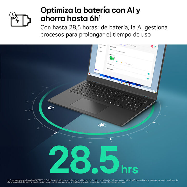 <p>Port&aacute;til ultraligero LG gram de 16", procesador Intel&reg; Core&trade; Ultra 7  258V, 32 GB RAM, 512 GB SSD, hasta 28.5 horas de autonom&iacute;a, 1.239 g de peso, color Negro Carb&oacute;n, Windows 11 Home. Modelo 16Z90TL-G.AU85BN.</p>