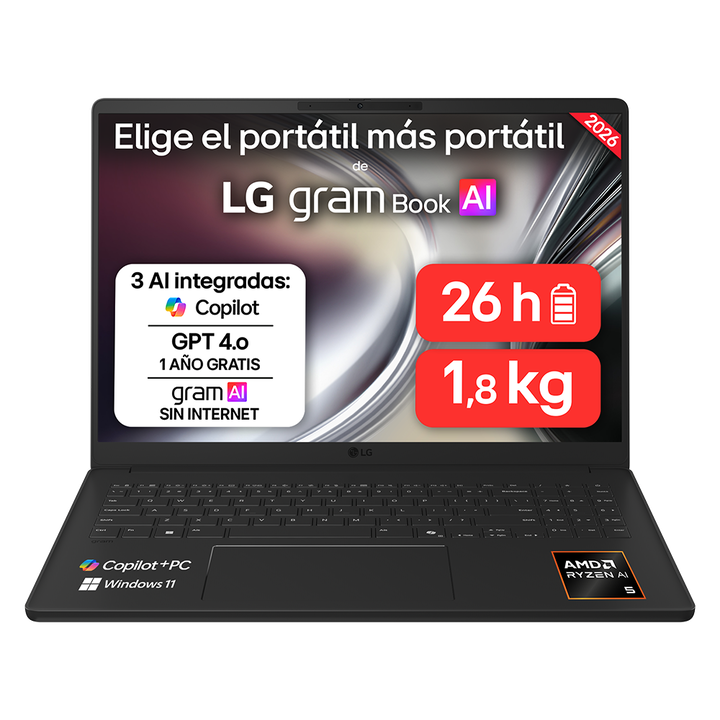 <p>Port&aacute;til ultraligero LG gram de 16", procesador Ryzen AI 5 430, 16 GB RAM, 512 GB SSD, hasta 26 horas de autonom&iacute;a, 1.800 g de peso, color Negro carb&oacute;n, Windows 11 Home. Modelo 16U55U-G.AS55BN.</p>