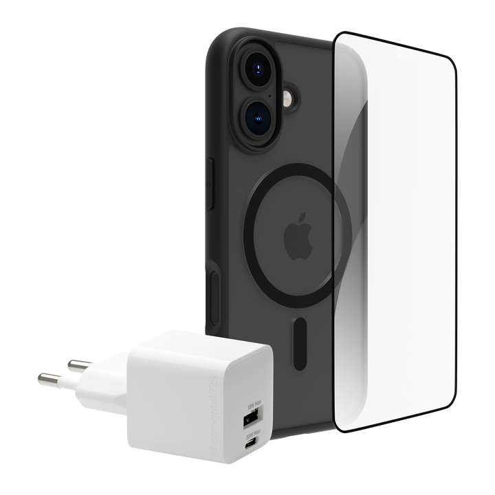 Funda iPhone 16 Negra MS + ECO PROTECTOR+ cargador 30W