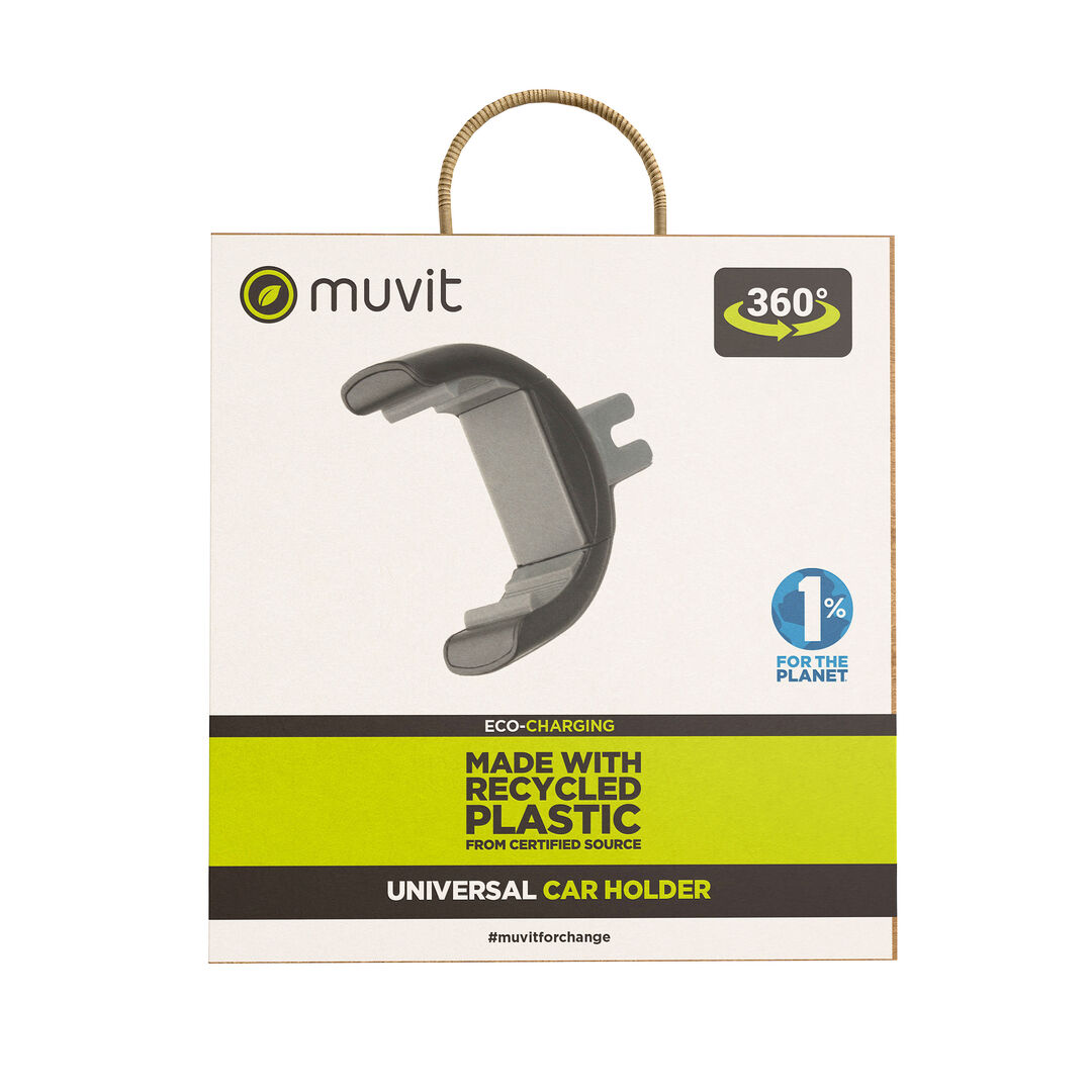 Soporte coche universal de "muvit for change" para salida de aire, con cabeza rotativa de 360&deg;, compatible con dispositivos de hasta 6,7" y fabricado con pl&aacute;stico reciclado de origen certificado.&nbsp; 

Se presenta en un embalaje respetuoso con el medio ambiente, libre de pl&aacute;sticos. 100% reciclable, certificado FSC, uso de pegamento y tinta de origen vegetal. 

En muvit for change nos comprometemos a donar el 1% de los ingresos para el planeta*.