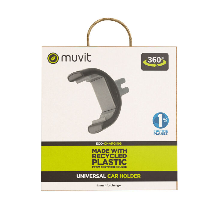 Soporte coche universal de "muvit for change" para salida de aire, con cabeza rotativa de 360&deg;, compatible con dispositivos de hasta 6,7" y fabricado con pl&aacute;stico reciclado de origen certificado.&nbsp; 

Se presenta en un embalaje respetuoso con el medio ambiente, libre de pl&aacute;sticos. 100% reciclable, certificado FSC, uso de pegamento y tinta de origen vegetal. 

En muvit for change nos comprometemos a donar el 1% de los ingresos para el planeta*.