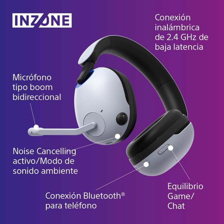 Auriculares OverEar Inal&aacute;mbricos SONY INZONE H9 con micr&oacute;fono integrado y cancelaci&oacute;n de ruido, conectividad Bluetooth 5.0 y transceptor USB, bater&iacute;a con hasta 32h de autonom&iacute;a / 3.5h de carga